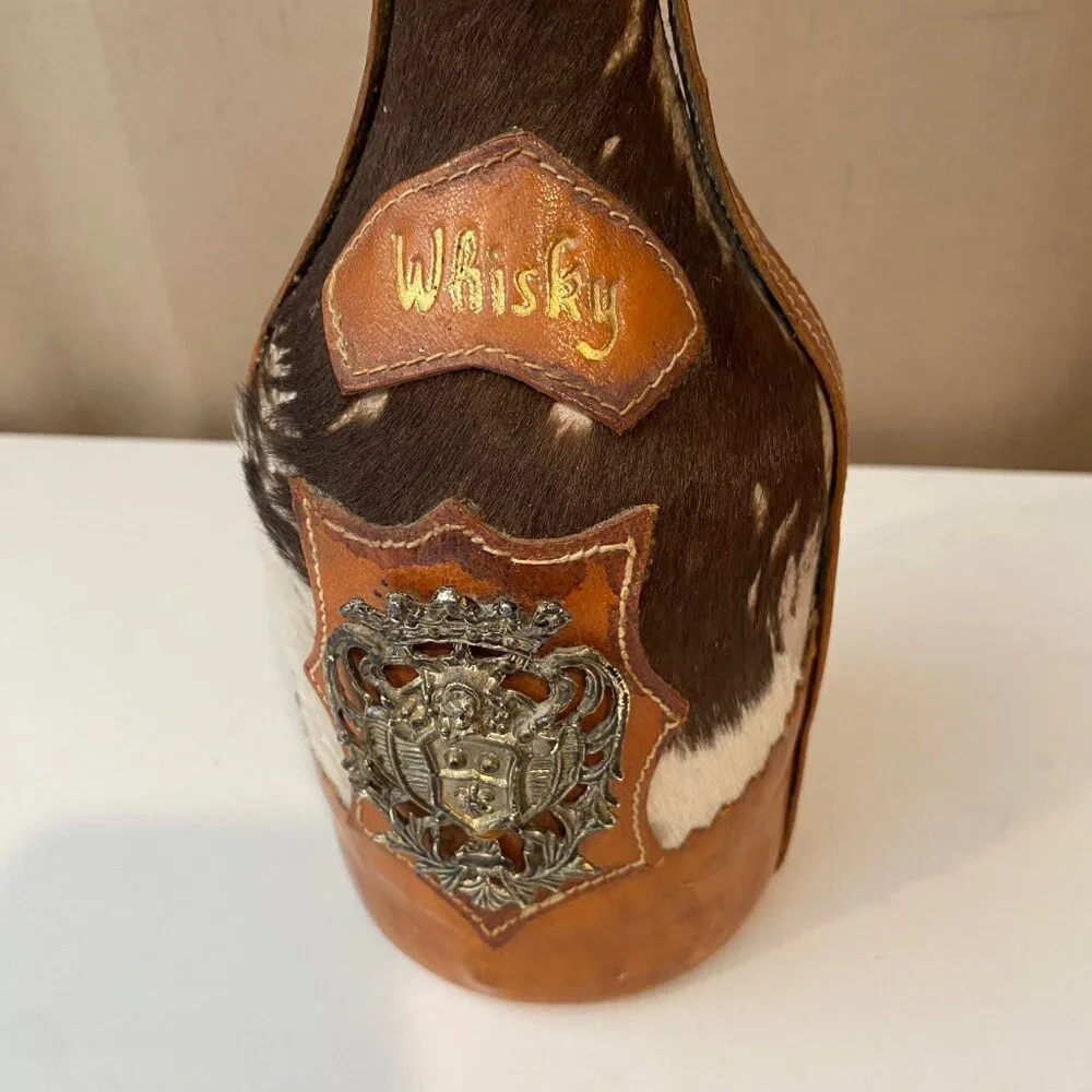 Vintage‎ Leather and Cowhide Wrapped Whiskey Bottle 9.5